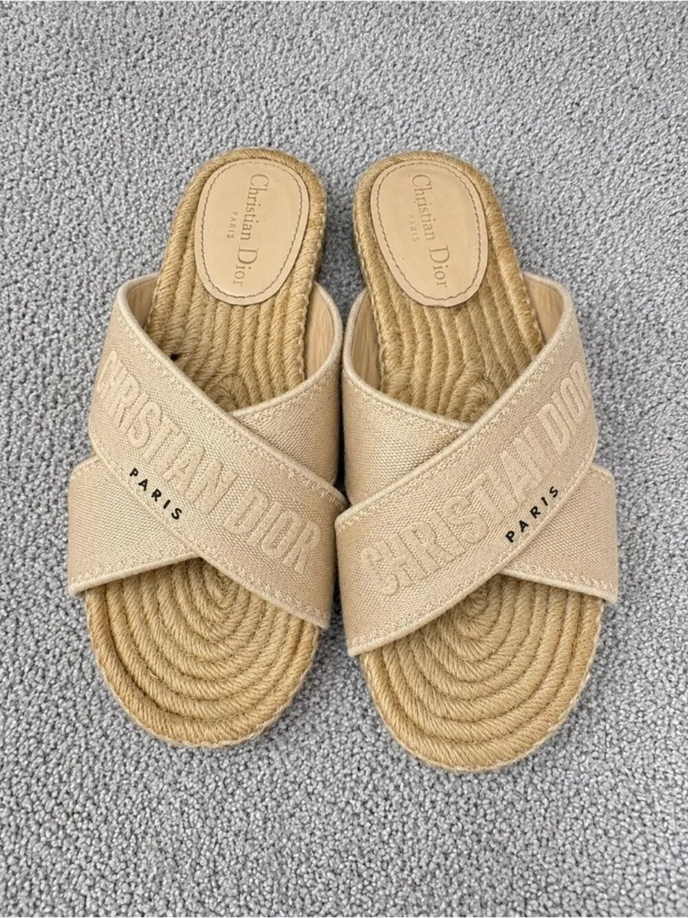 Christian Dior Beige Crisscross Logo Embossed Slip On Espadrille Slide Sandals